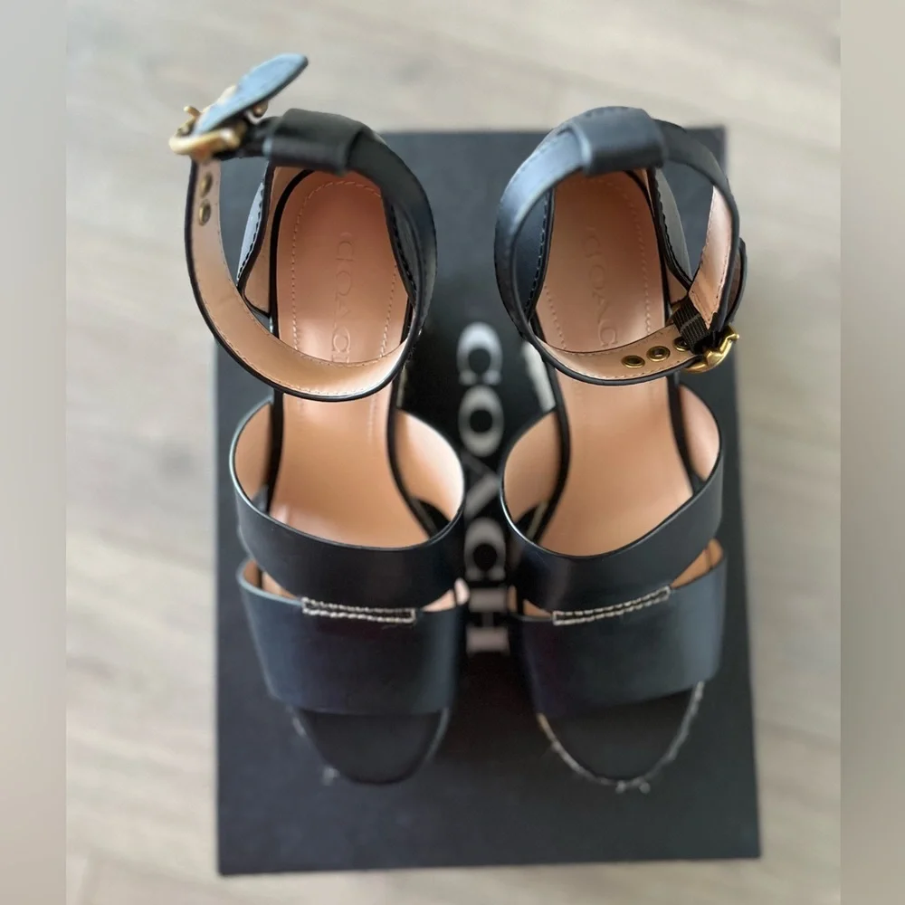 Coach Black Leather Espadrille Wedge Sandals